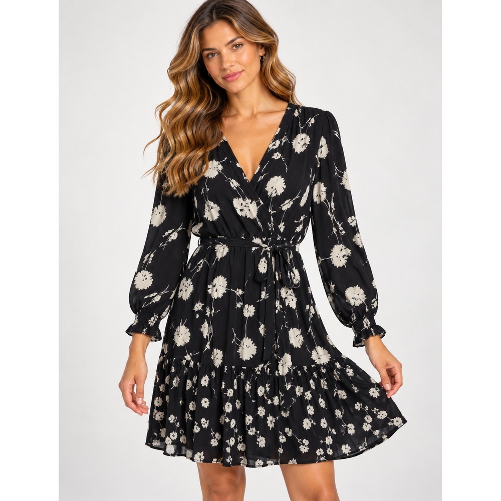 Fat Face Womens Black White Floral Wrap V-Neck Long Sleeve Mini Dress Size 16
